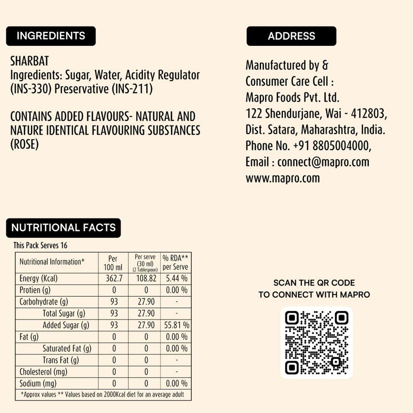 ingredients of mapro Rose Sharbat