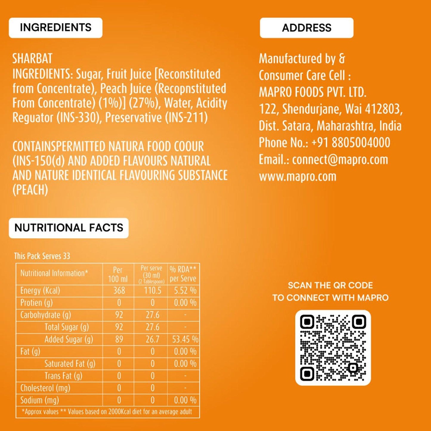 ingredients of mapro Peach Syrup