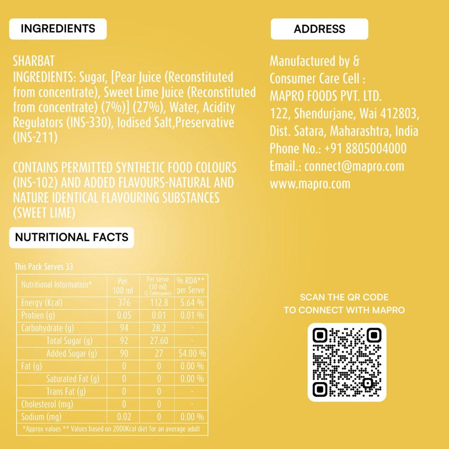 ingredients of mapro Mosambi Syrup