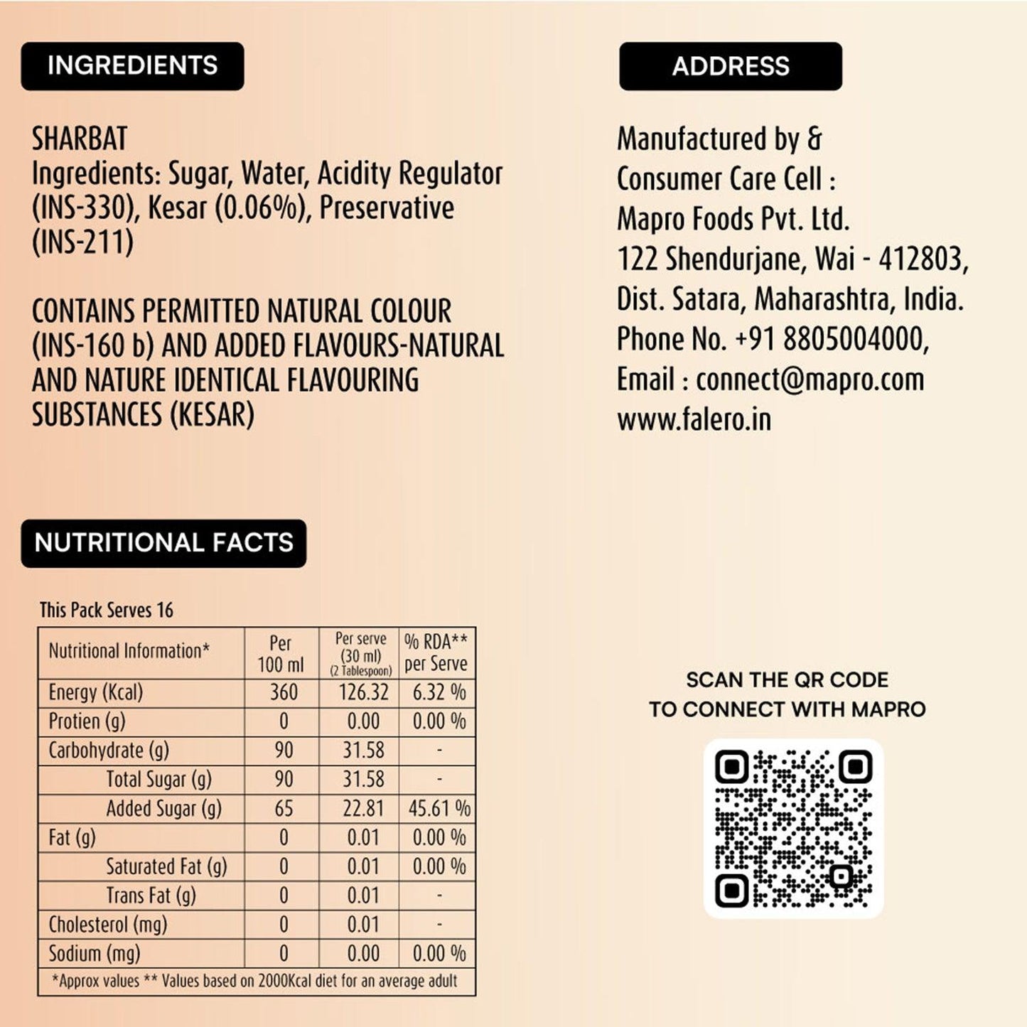 ingredients of mapro Kesar Sharbat